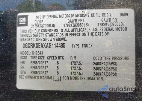 2010 Chevrolet Silverado 1500 Lt z USA, uszkodzony, nr VIN 3GCRKSEAXAG114485